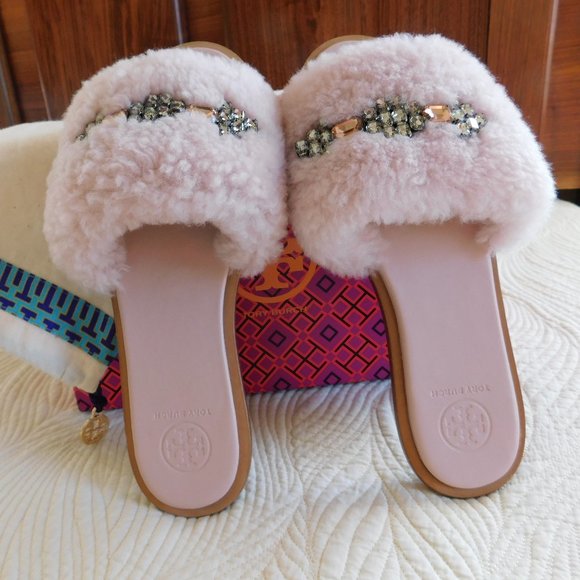 New Tory Burch Aspen Shearling sandals Sea Shell pink crystal embellished slides - Picture 5 of 16